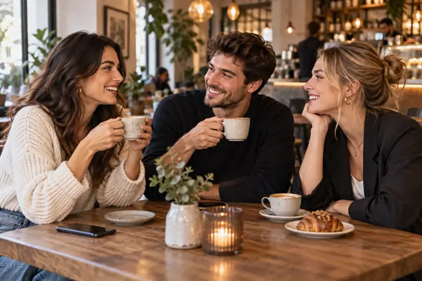 Three adults talking together over coffee